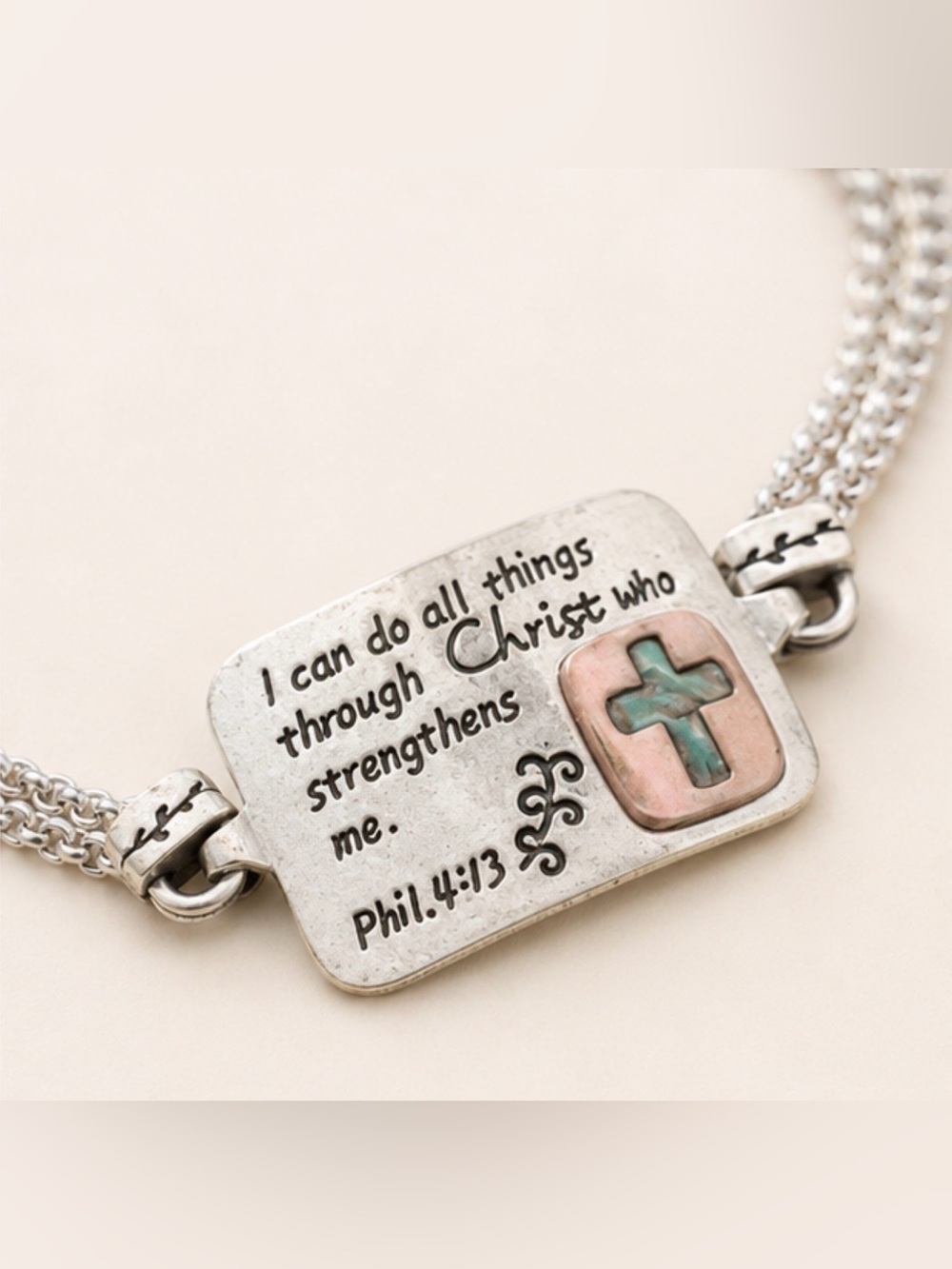 Women’s Silver tone inspirational bracelet, Phil 4:13, abalone cross, beautiful